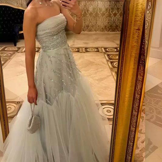 Elegant Strapless Sage Green Tulle Sequins Evening Dress Formal Prom Dress Y8127