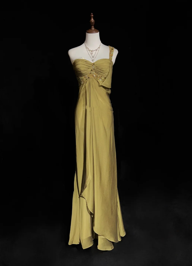 Elegant Turmeric One Shoulder Chiffon Beaded Mermaid Long Evening Dress Formal Wedding Guest Dress SP1964
