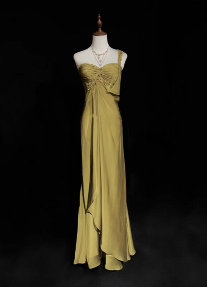Elegant Turmeric One Shoulder Chiffon Beaded Mermaid Long Evening Dress Formal Wedding Guest Dress SP1964