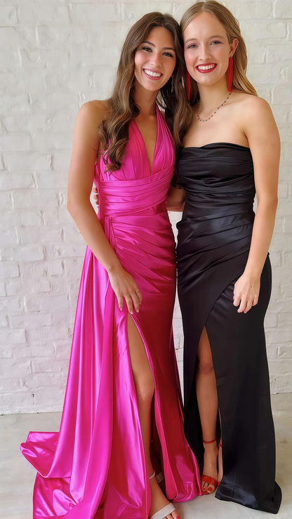 Green Halter V-Neck Ruched Bodycon Prom Dress,Long Slit Evening Gown Y8022