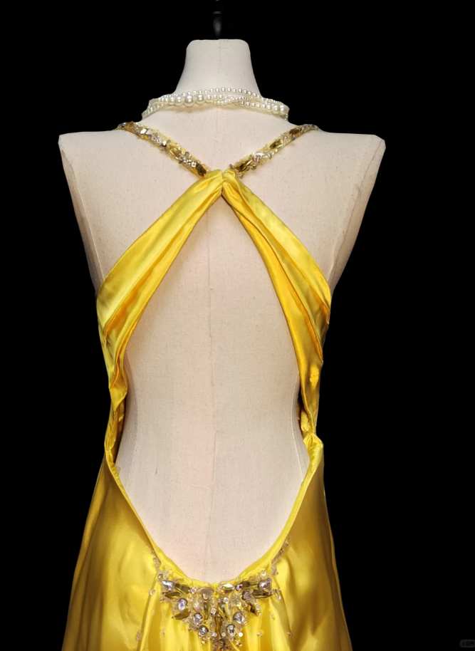 Pretty Yellow Satin Beaded Mermaid Evening Dress Backless Long Birthday Prom Dress SP475