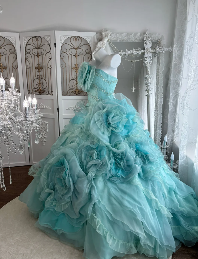 Unique Blue 3D Flowers Birthday Ball Gown,Pretty Tulle Pleated Beaded Formal Quinceanera Dress SP1448