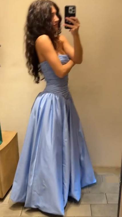 Elegant Blue Strapless Satin Pleated A Line Long Party Dress Birthday Dress SP2528