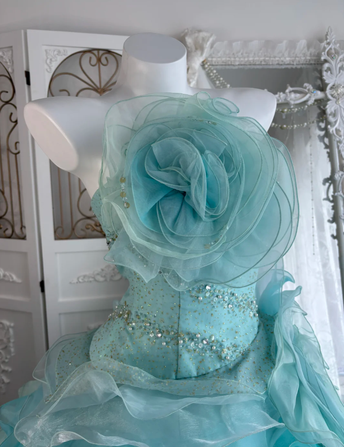 Unique Blue 3D Flowers Birthday Ball Gown,Pretty Tulle Pleated Beaded Formal Quinceanera Dress SP1448