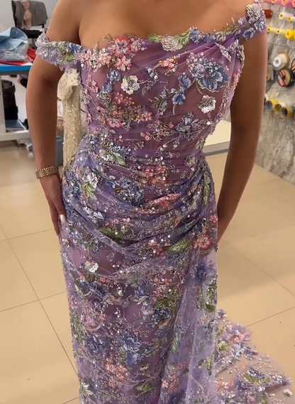 Pretty Off The Shoulder Tulle Sequin Floral Mermaid Evening Dress Lavender Long Birthday Prom Dresses SP1330
