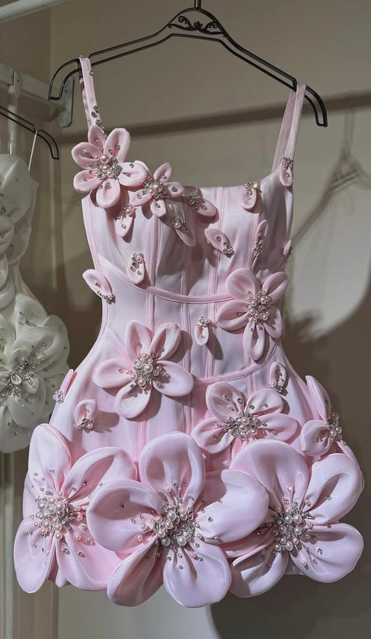 Charming Pink Spaghetti Straps Satin 3D Flower Sheath Short Homecoming Dress Cocktail Dress SP3056