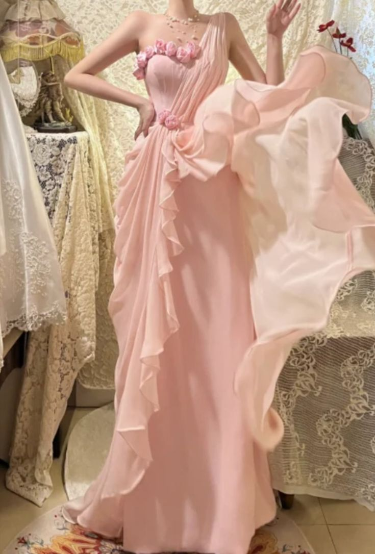 Pretty One Shoulder Pink Chiffon Ruffles Long Party Dress Prom Gown SP1088