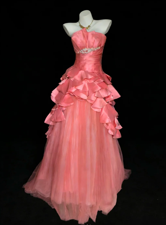 Sweet Peach Pink Satin Ruffles Tulle Mermaid Evening Dress Long Birthday Prom Gown With Beads SP1849