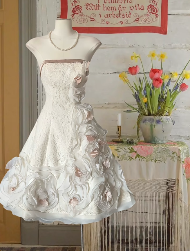 Classy Strapless White Lace Flowers A Line Short 19th Birthday Outfits Homecoming Dress Y9998