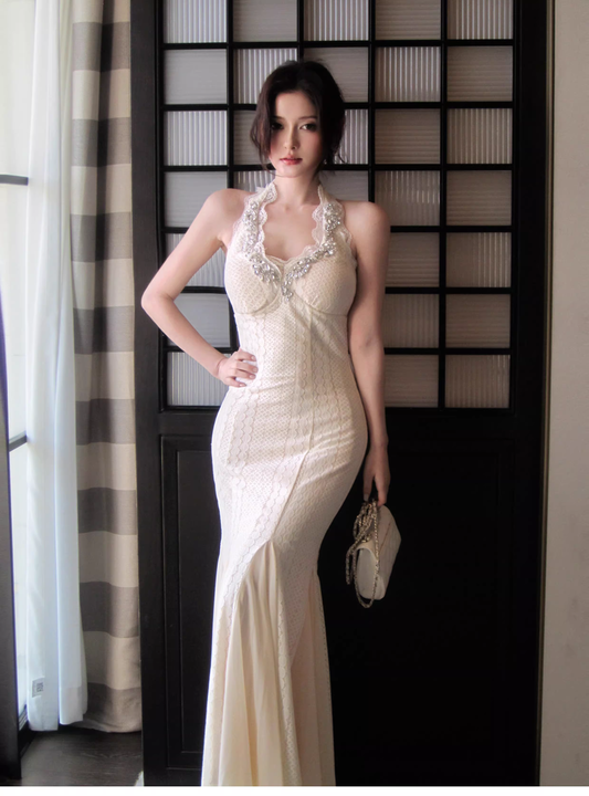 Charming Light Apricot Halter Lace Beaded Mermaid Party Dress Long Birthday Prom Gown SP1497