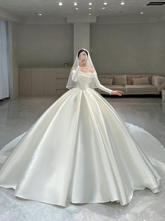 Stunning White Satin Puffy Wedding Dress,White Bridal Gown  Y6887