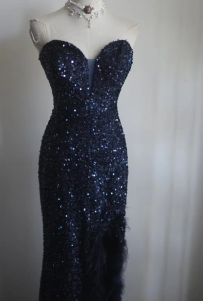 Elegant Strapless Navy Blue Sequin Feathers Slit Mermaid Evening Dress Long Birthday Prom Gown SP1172