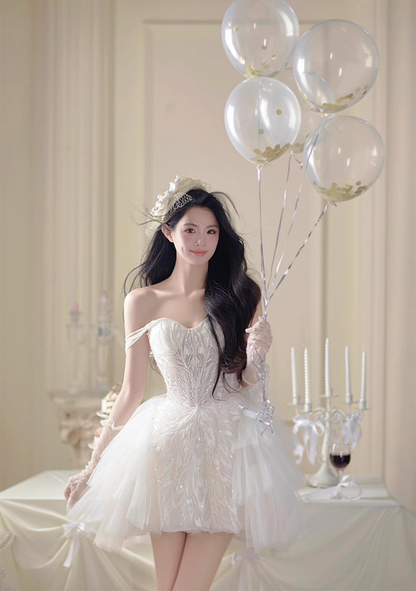 Pretty White Tulle Lace Short Formal 18th Birthday Outfits Homecoming Dress With Gloves Y9364