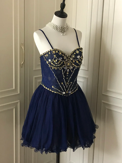 Vintage Spaghetti Straps Lace Beaded Cocktail Dress Navy Blue Homecoming Dress Birthday Outfits Y9056