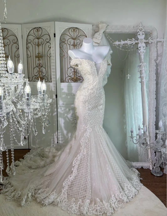 Beautiful White Off The Shoulder Tulle Lace Beaded Mermaid Long Wedding Dress SP1462