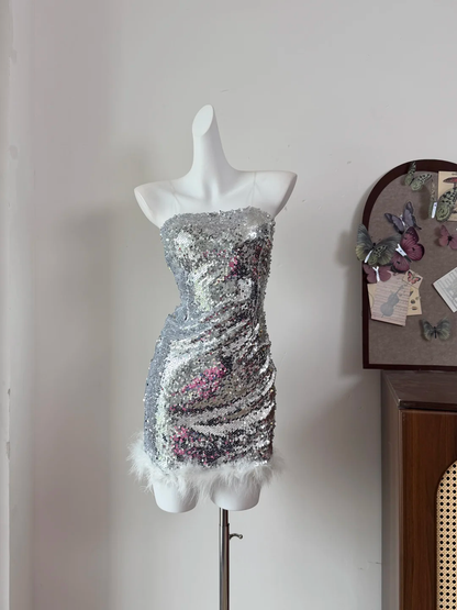 Sexy Strapless Sequin Feathers Sheath Cocktail Dress Silver Short 6th Grade Homecoming Dress SP2332