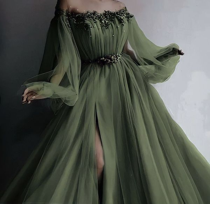 Gray Off The Shoulder Tulle Appliques Slit Prom Dress S23034