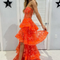 Chic Orange Strapless A-Line Lace Layered Appliques Prom Dress Slit Evening Dress  Y7885
