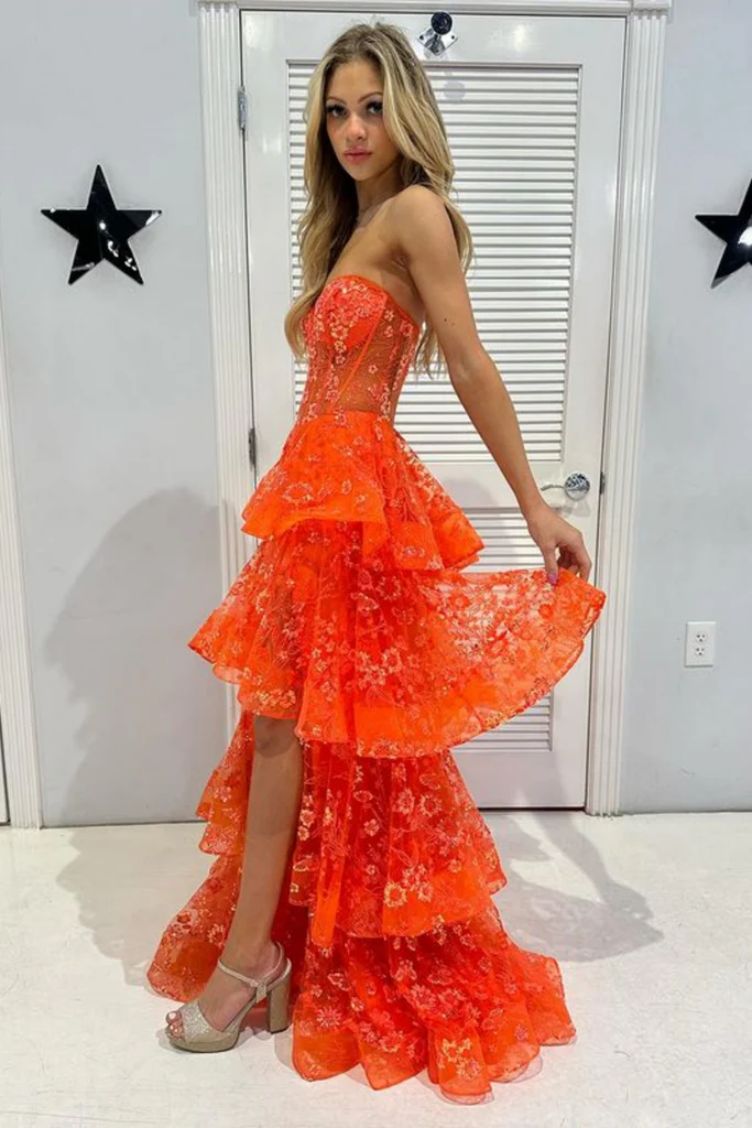 Chic Orange Strapless A-Line Lace Layered Appliques Prom Dress Slit Evening Dress  Y7885