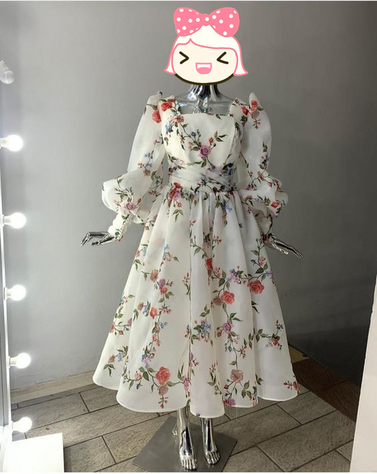 Unique A-line Square Neckline Floral Print Prom Dress Y5814
