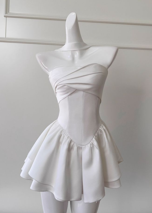 Simple White Strapless Mini Birthday Party Dress Homecoming Dress Y8815
