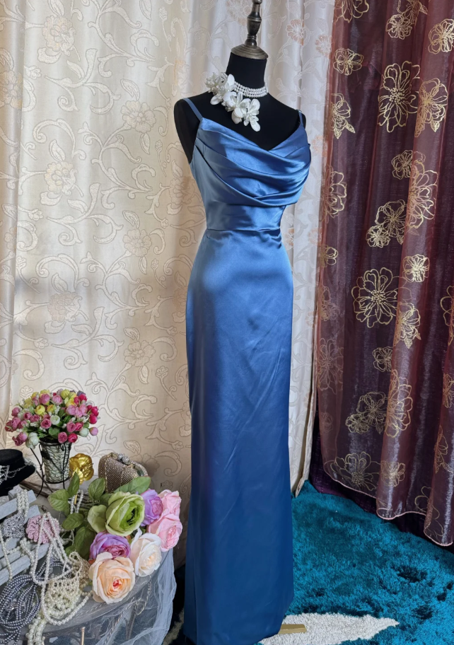 Classy Spaghetti Straps Blue Satin Long Wedding Guest Dress Formal Birthday Evening Dress SP1887