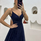 Spaghetti Straps Navy Blue V-neck A-line Long Fashion Prom Dresses Y5912