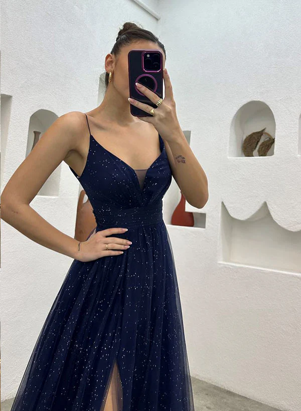 Spaghetti Straps Navy Blue V-neck A-line Long Fashion Prom Dresses Y5912