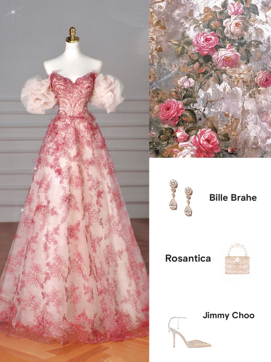 Pretty Tulle Beaded Red A Line Off The Shoulder Prom Dress Evening Dress,Formal Birthday Ball Gown Y8621