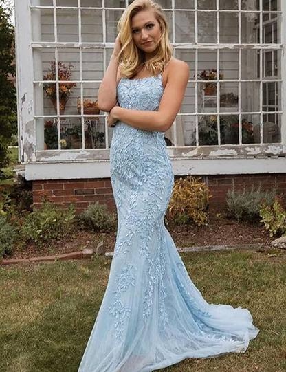 Pink Mermaid Lace Tulle Prom Dress Lace-up Back Evening Dress Y2902