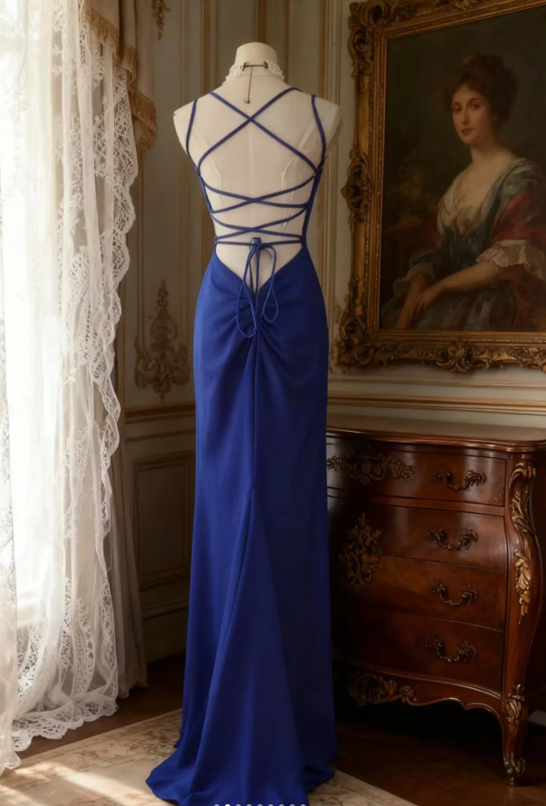 Sexy Spaghetti Straps Royal Blue Backless Satin Long Wedding Guest Dress Party Gown SP753