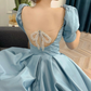 Satin Long Prom Dress, A-Line Short Sleeve Evening Dress Y4657