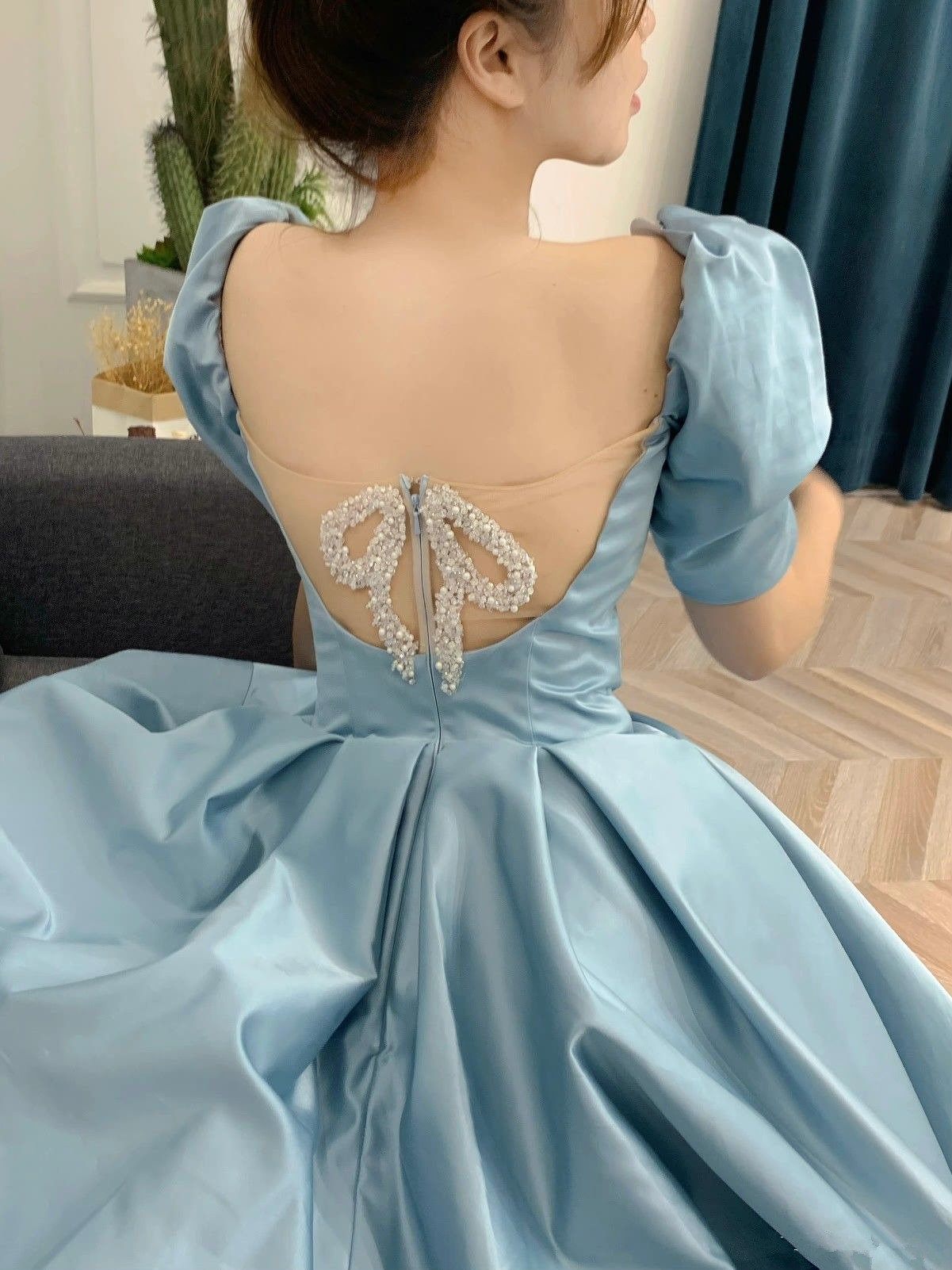 Satin Long Prom Dress, A-Line Short Sleeve Evening Dress Y4657