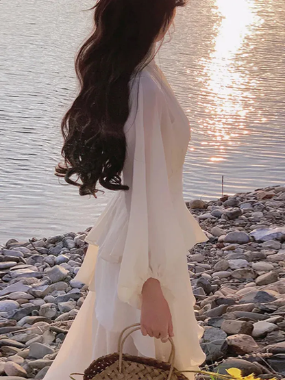 Elegant Women Irregular Ruffle Patchwork Dress Lantern Sleeve Stand Neck Pleated Prom Dress Y4779