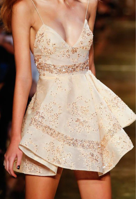 Classy Spaghetti Straps V Neck Sequin  Beaded A Line Cocktail Dress Short 6th Grade Homecoming Dress Y9277