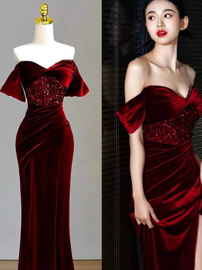 Charming Burgundy Velvet Mermaid Prom Dress Y6602