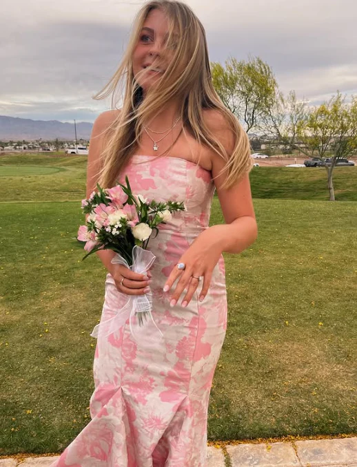 Sweet Pink Satin Print Floral Evening Dress Mermaid Prom Dress Y7828