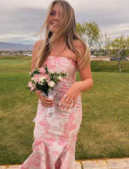 Sweet Pink Satin Print Floral Evening Dress Mermaid Prom Dress Y7828