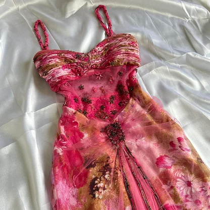 Pretty Pink Chiffon Printed Floral Beaded Mermaid Prom Dress Long Evening Dress Y9772