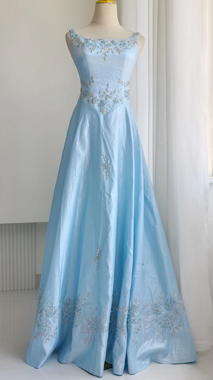 Classy Sleeveless Blue Satin Beaded Embroidery Floral A Line Long Prom Dress Party Gown SP2326