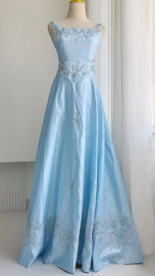 Classy Sleeveless Blue Satin Beaded Embroidery Floral A Line Long Prom Dress Party Gown SP2326