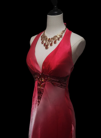 Pretty Ombre Pink V Neck Satin Beaded Sheath Long Prom Gown Formal Evening Dress SP649