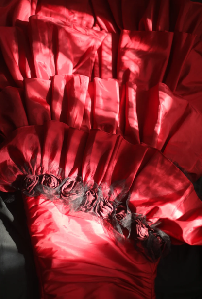 Vintage Red Strapless Satin Layered Mermaid Long Prom Dresses Evening Dress SP1174