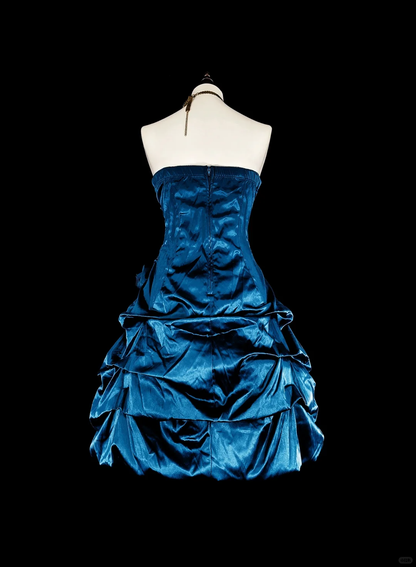 Classy Blue Satin Ruched Rose Floral A Line Short 7th Grade Homecoming Dress,Strapless Mini Birthday Dress SP3388
