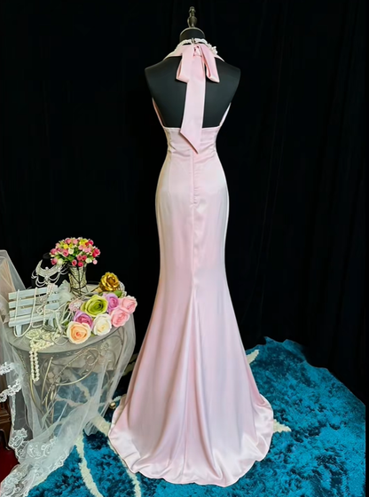 Pretty Pink Halter Satin Ruffles Mermaid Long Evening Dress Prom Gown SP2374