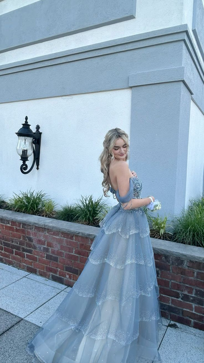 Glamorous Blue Tulle Beaded Layered Long Birthday Party Dress Prom Gown SP1084