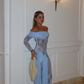 Charming Off The Shoulder Blue Lace Satin Mermaid Long Party Dress Birthday Prom Gown SP1343