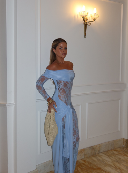 Charming Off The Shoulder Blue Lace Satin Mermaid Long Party Dress Birthday Prom Gown SP1343