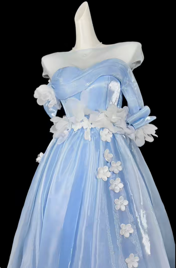 Glamorous Blue Tulle Appliques A Line Long Party Dress,Off The Shoulder Long Wedding Guest Dress SP3539