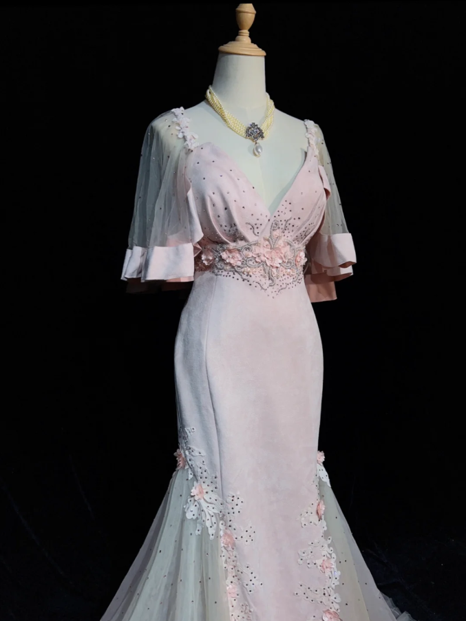 Sweet Pink V Neck Appliques Mermaid Long Birthday Party Dress Prom Dresses SP1285